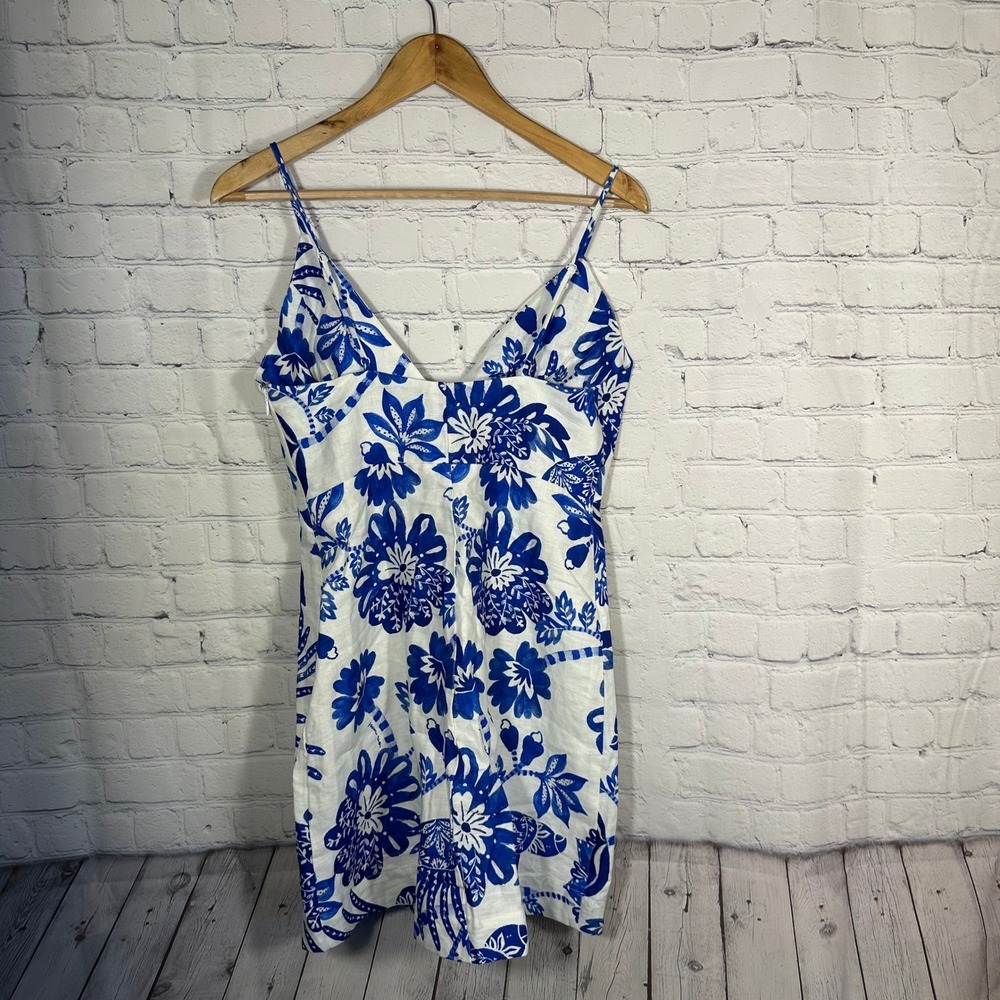 Farm Rio Floral Birds Off White Sleeveless Mini Dress Blue White Linen Blend S - Picture 7 of 13